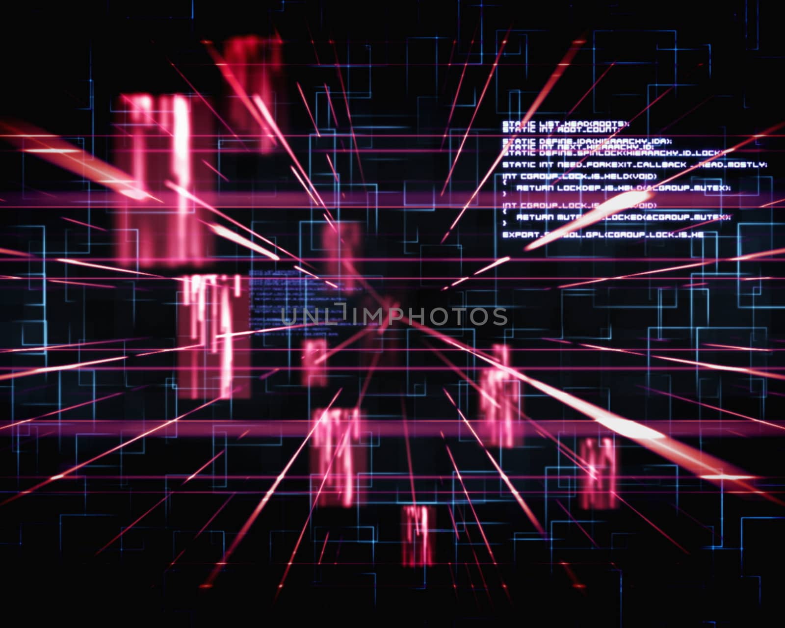 Pink and blue lines next to screens against a black background