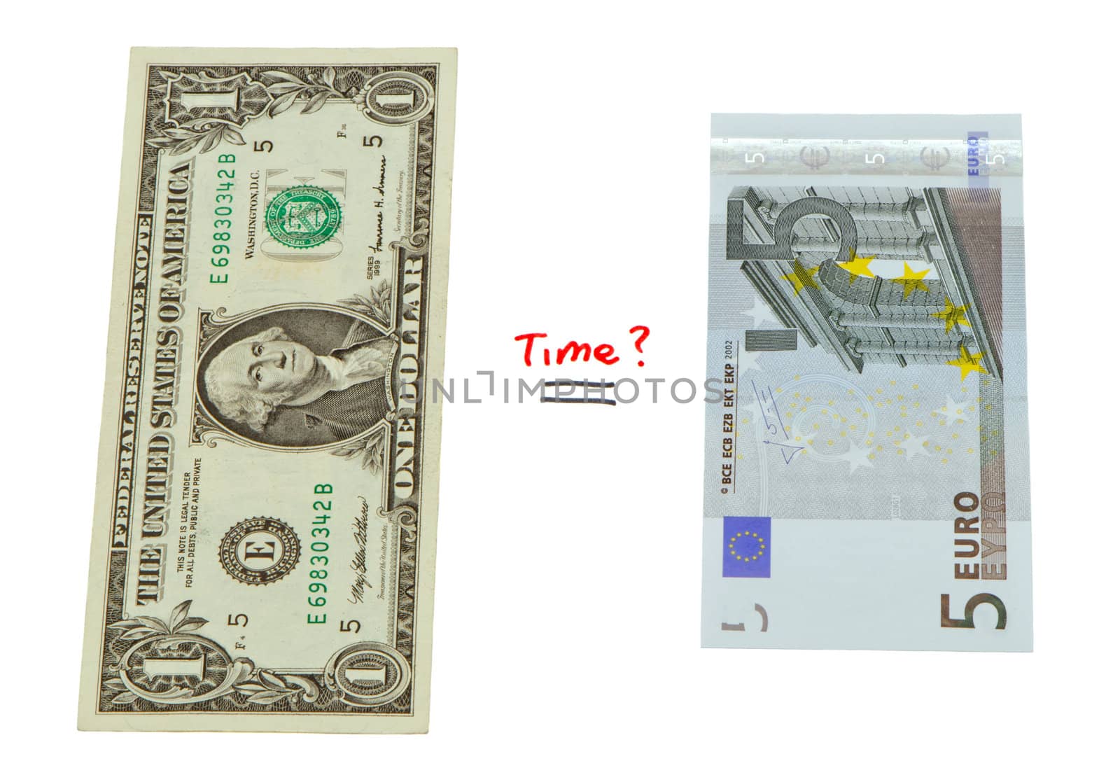 Concept compare USD dollar and European euro paper money.