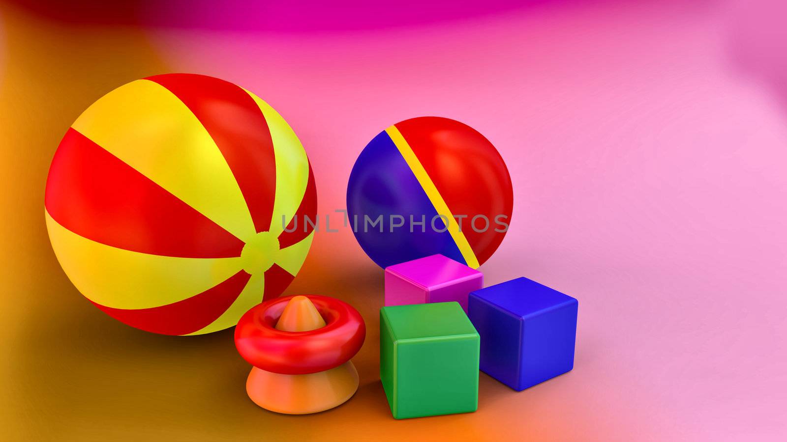 3D rendering of simple children's toys as is cubes toys, pyramid puzzle and a colorful balls