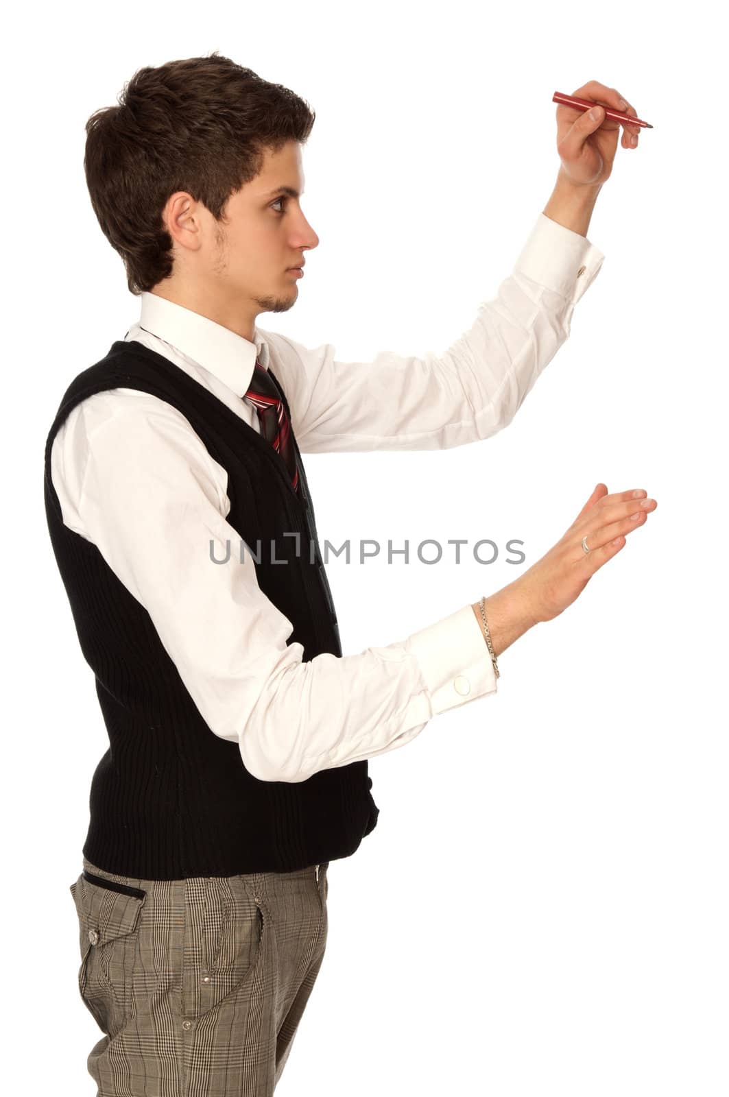 businessman writing on a virtual whiteboard with a tip