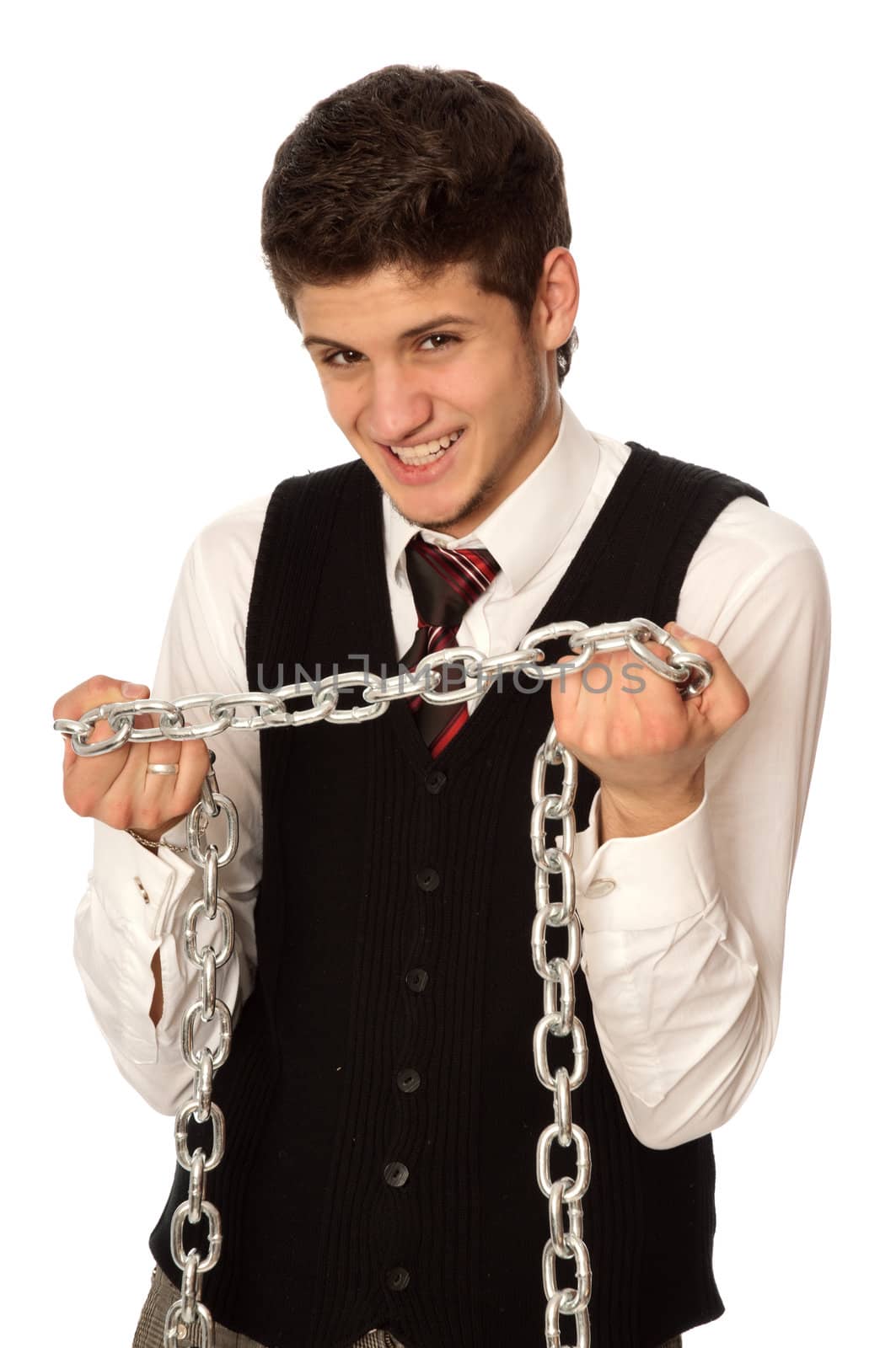 businessman breaking the chain by hands for liberation as a symbol of work captivity