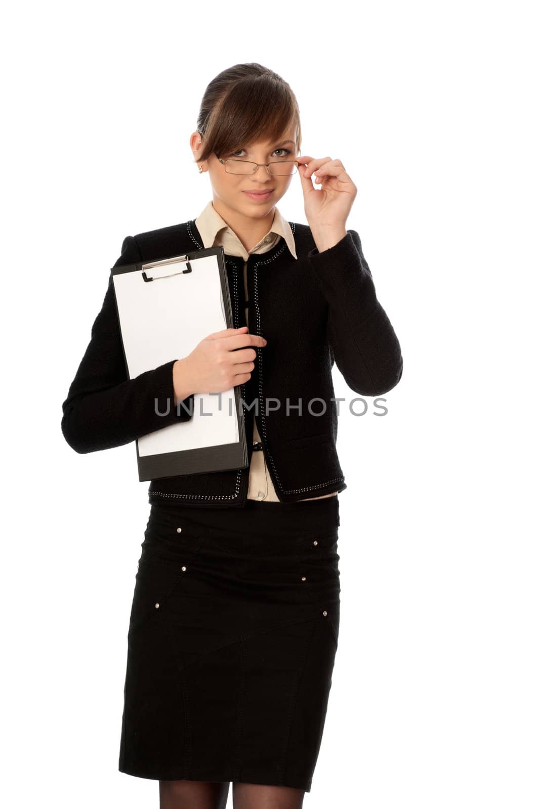 The manager with white blank paper in the hands making a presentation