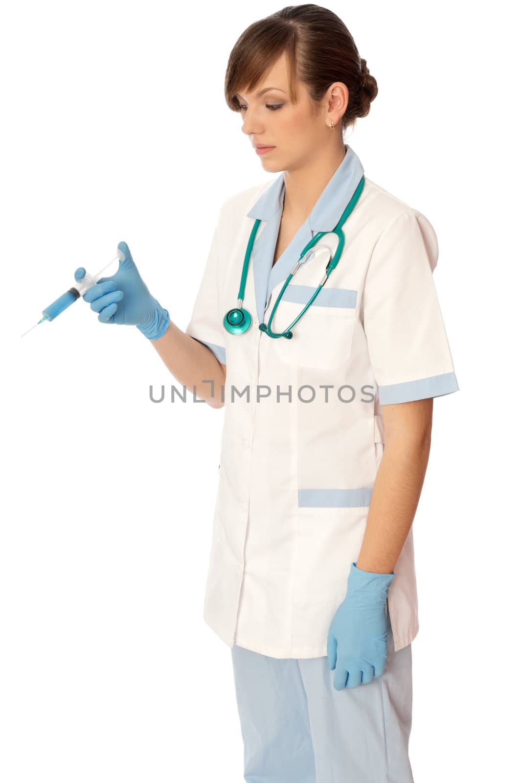 Woman holds in the hand syringe with a new antibiotic