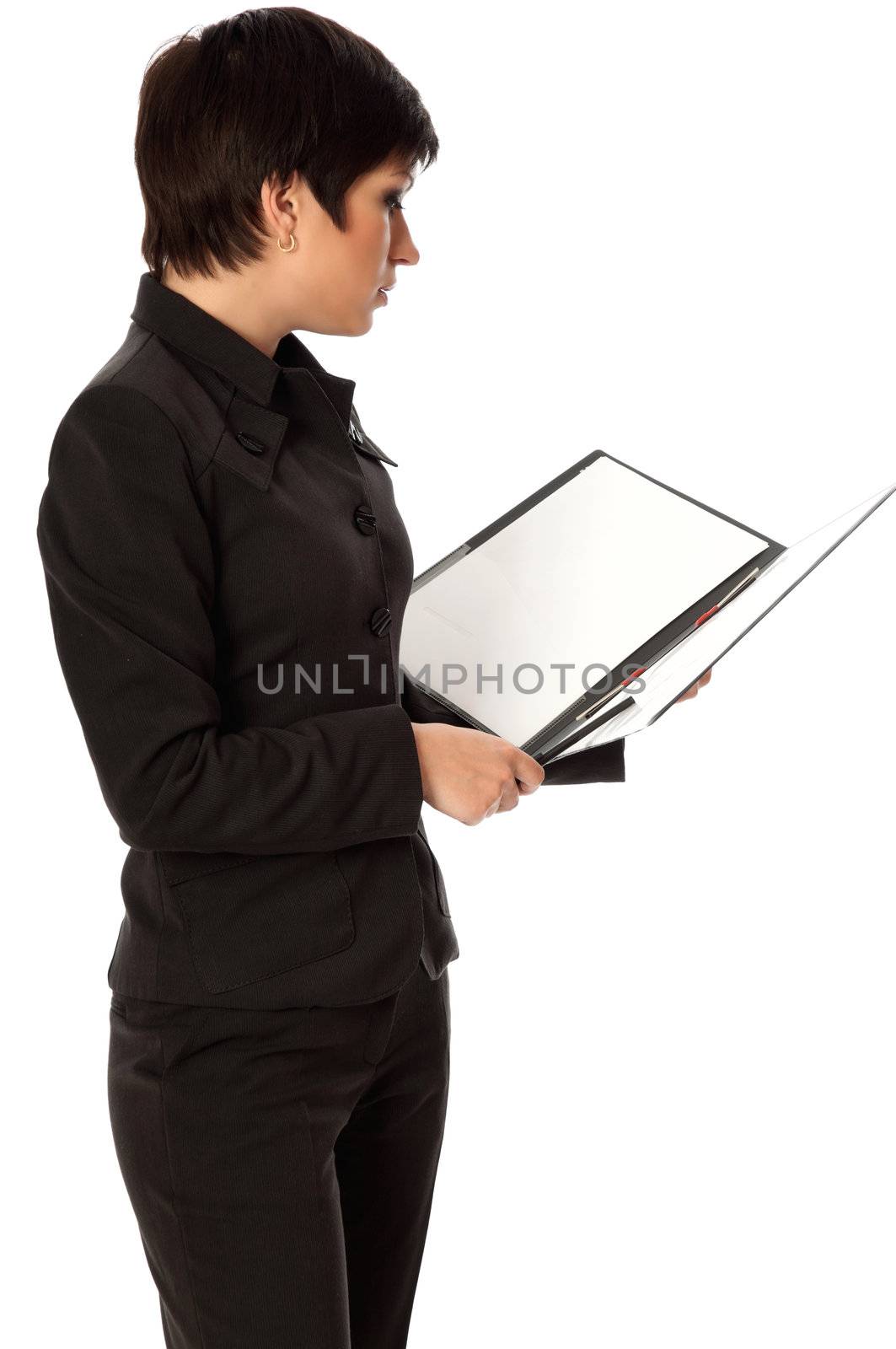 The manager with white blank paper in the hands making a presentation