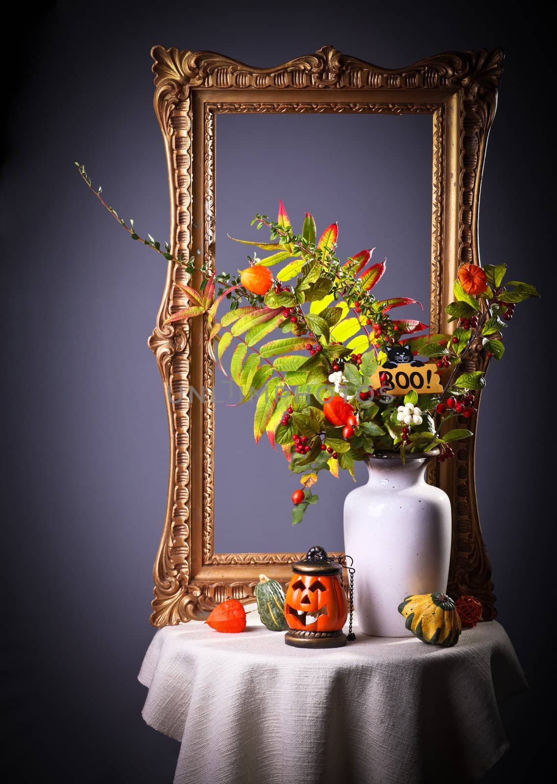 Still life with autumn Leaves and Halloween pumpkins