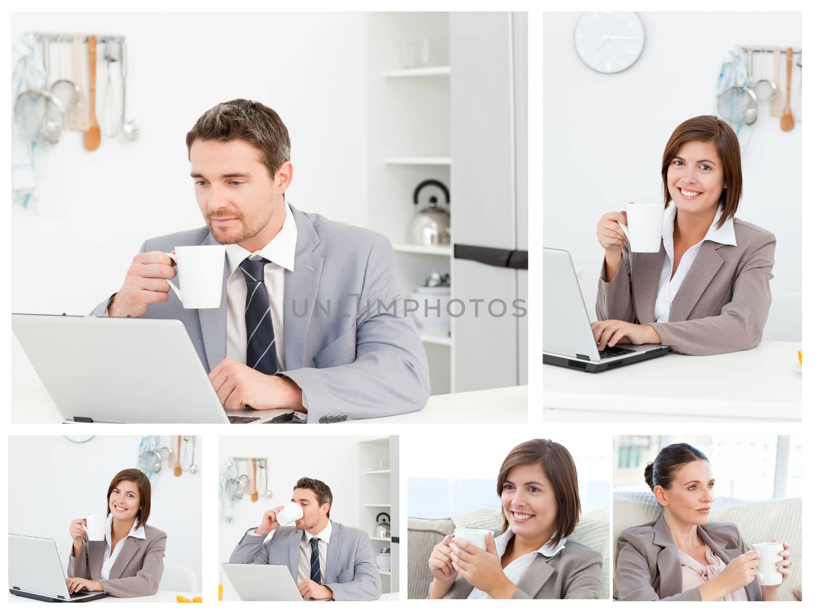 Collage of business workers working on their laptop and having a cup of coffe in kitchen