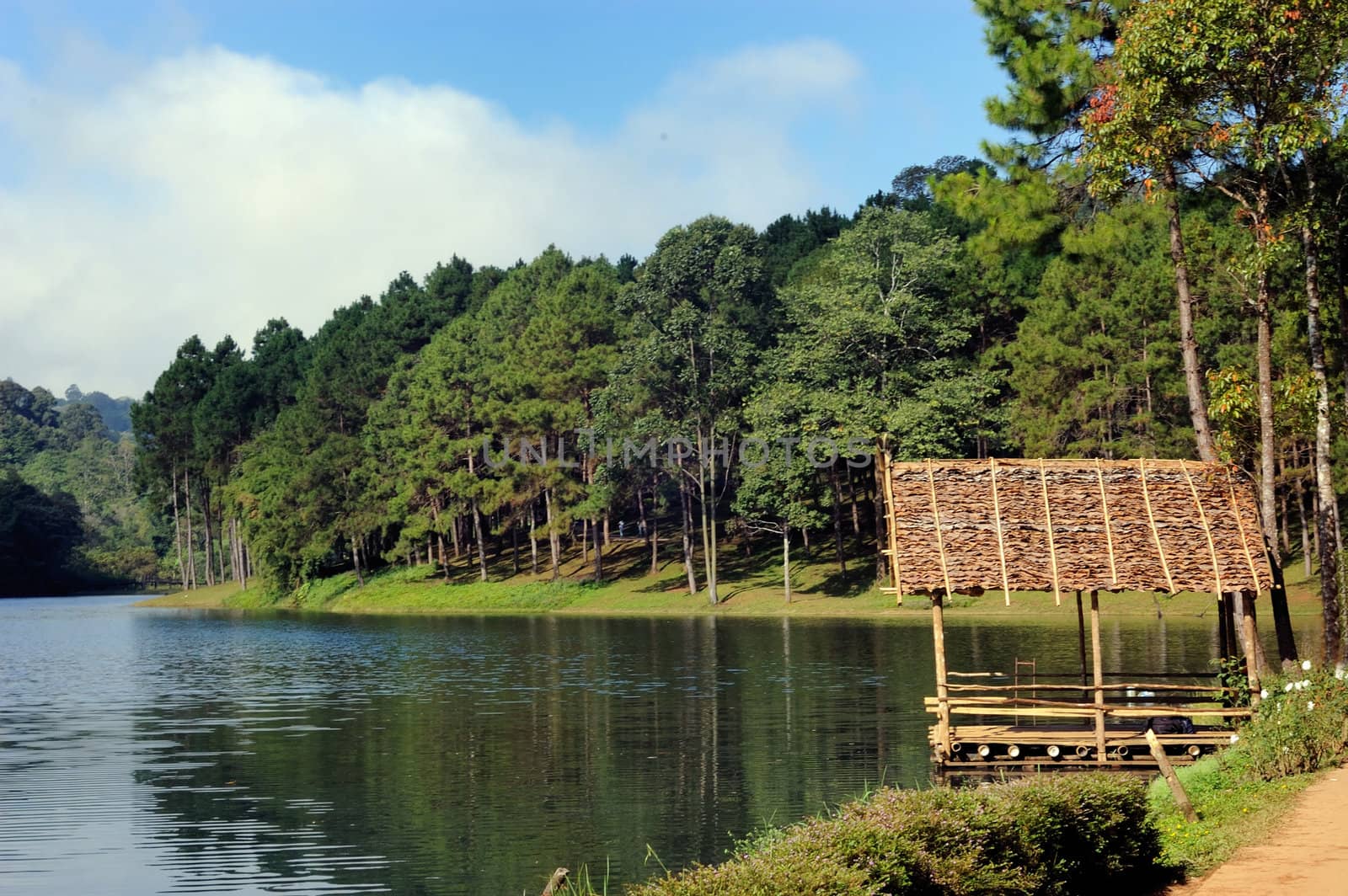 Small hut near a lake on Sunny day in Pang Ung. by ngungfoto