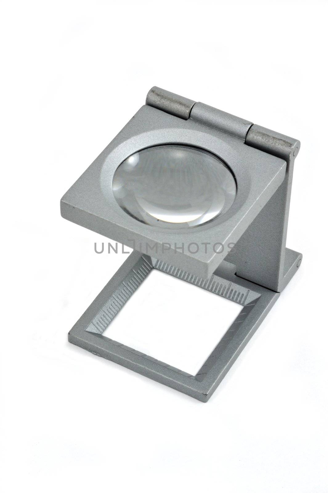 Isolated alloys magnifying glass on white background.