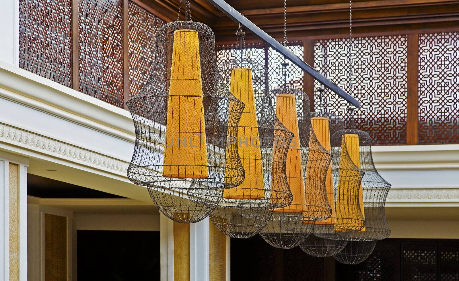 Stunning wire mesh lamp shades hallway feature. Shot location, Grand Hyatt, Goa, India