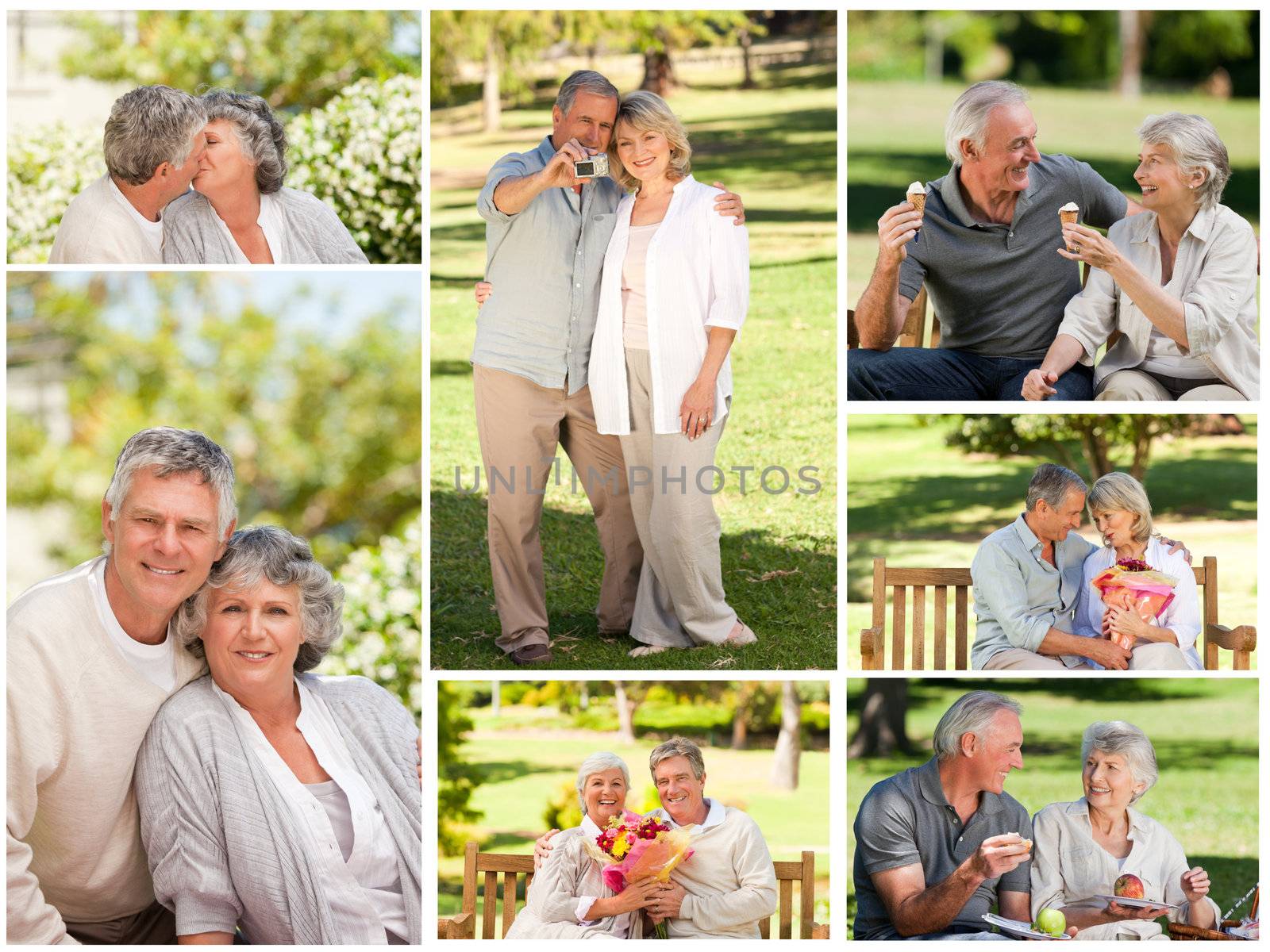 Collage of a mature couple in a park