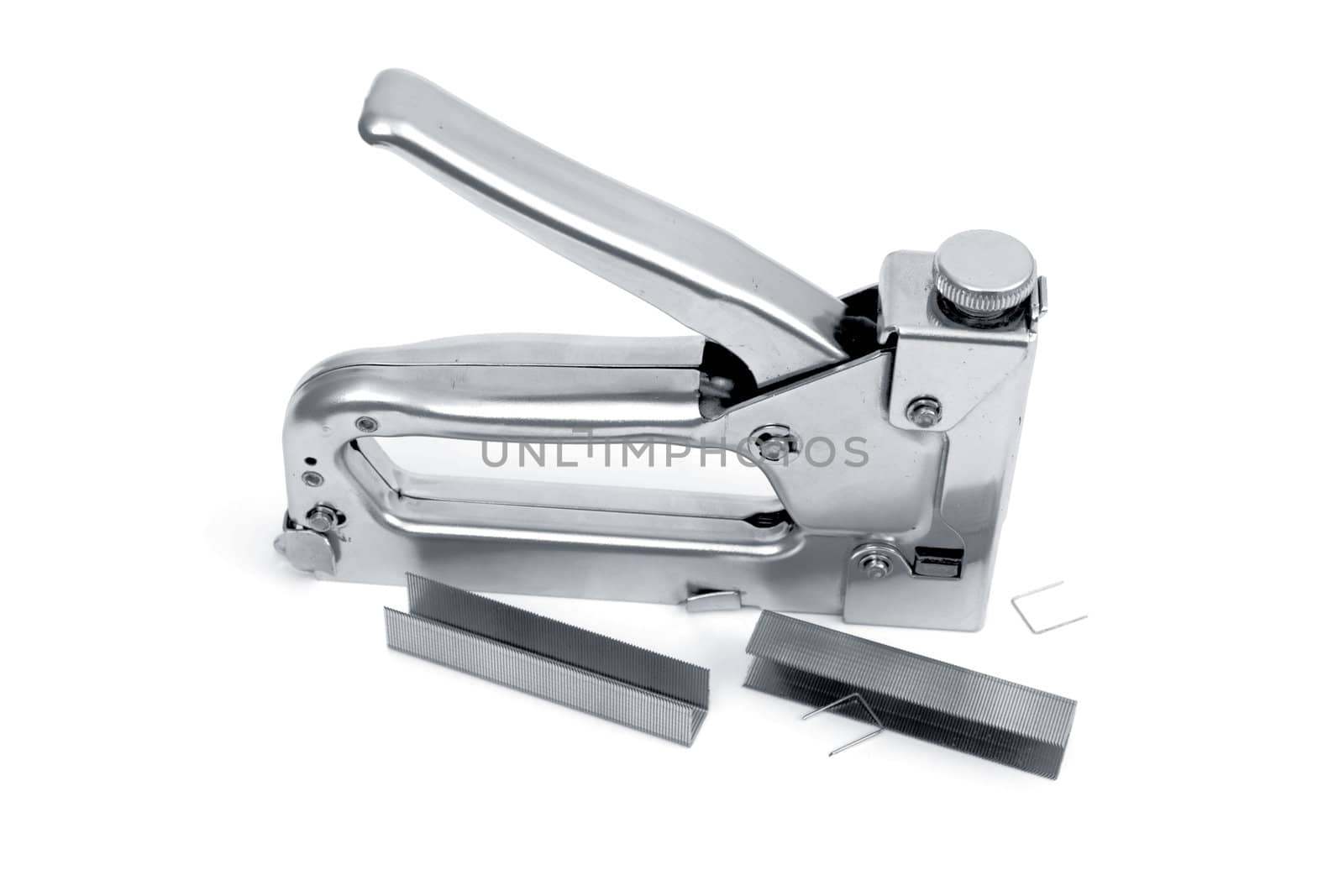 Metal stapler is placed on a white background