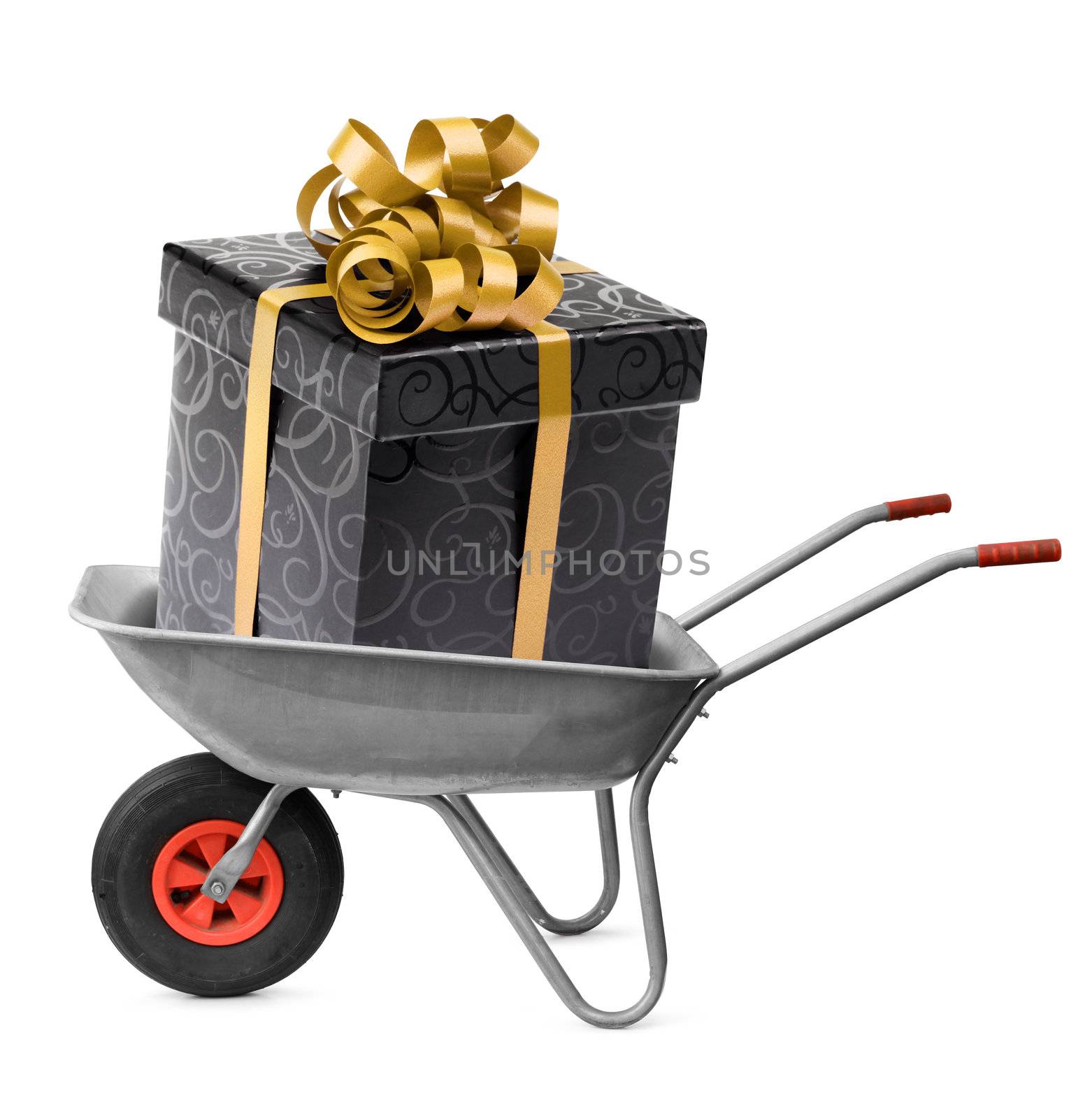 Big present box surprise in wheelbarrow cart isolated on white