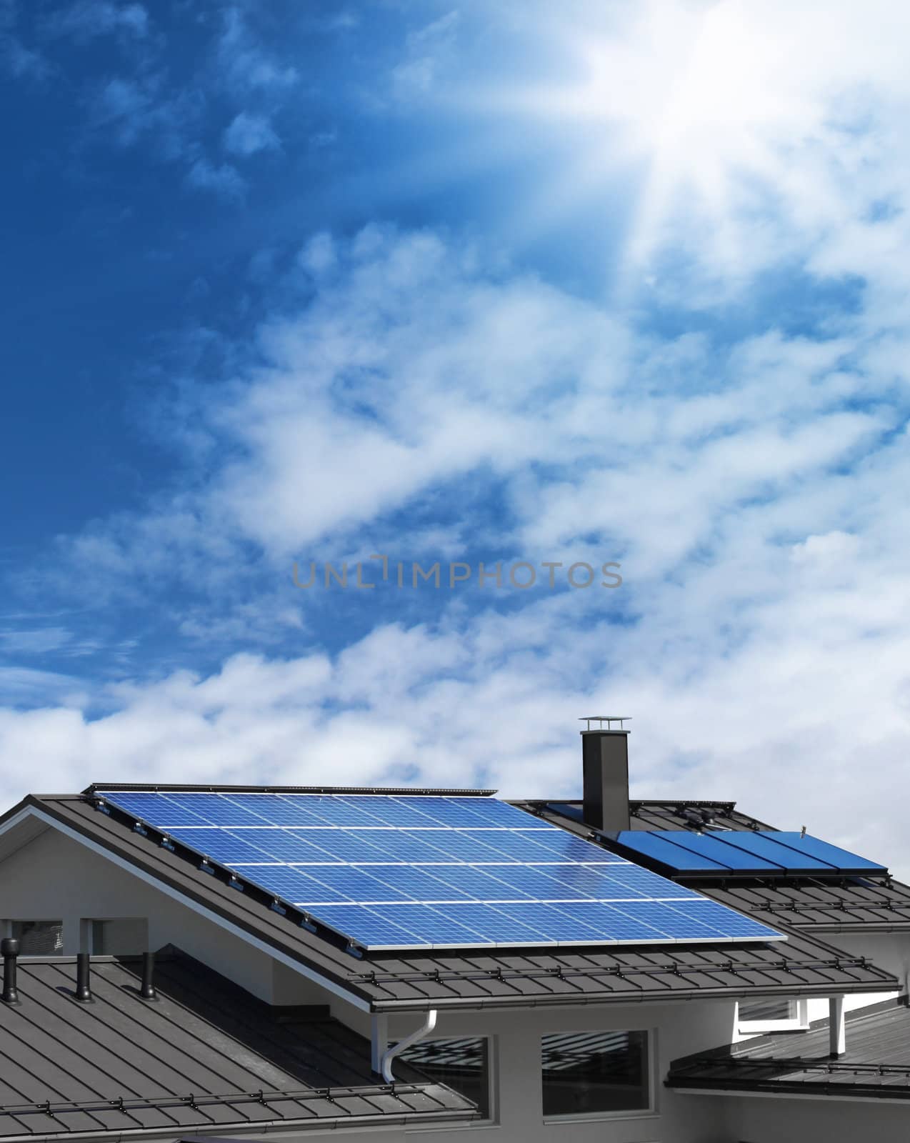 Solar panel system on house roof, sunny blue sky background