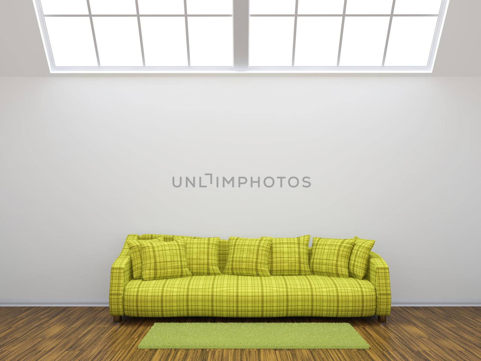 Room interior with a green sofa and a carpet