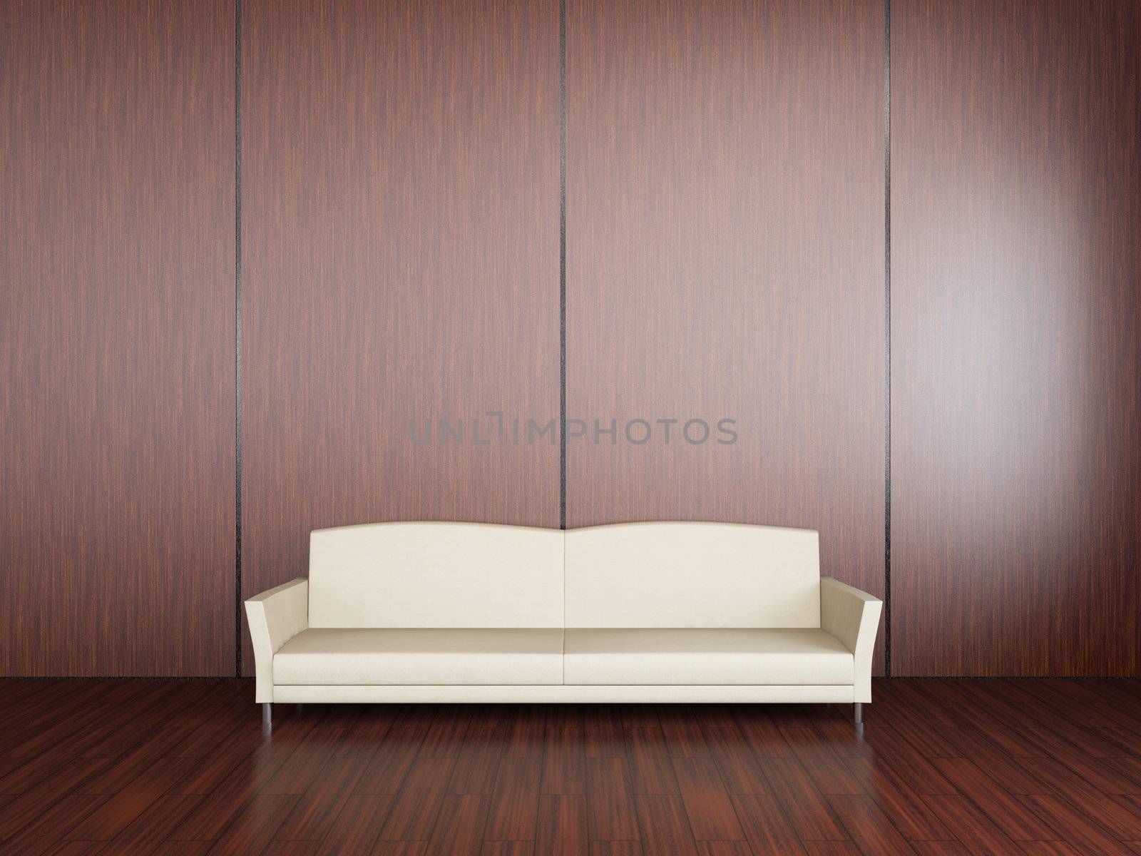 Small white sofa near the wooden wall