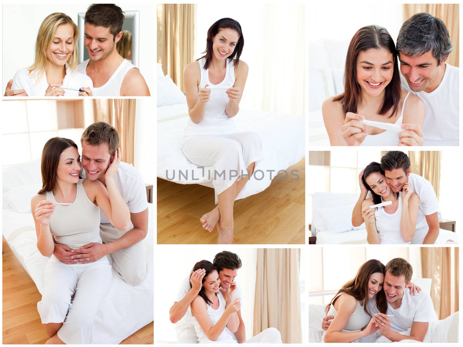 Collage of couples hugging after a positive pregnancy test by Wavebreakmedia