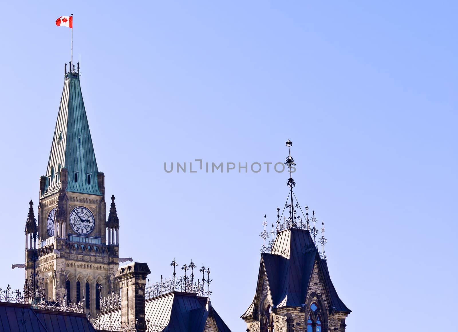 The canadian Parliament Centre Block along with the East Block tower in Ottawa, Canada.