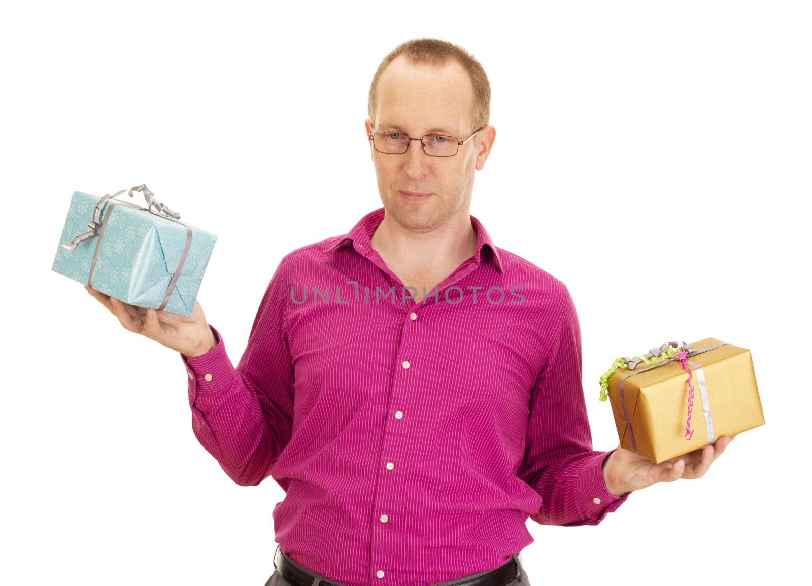 A business person juggling with two colorful gifts