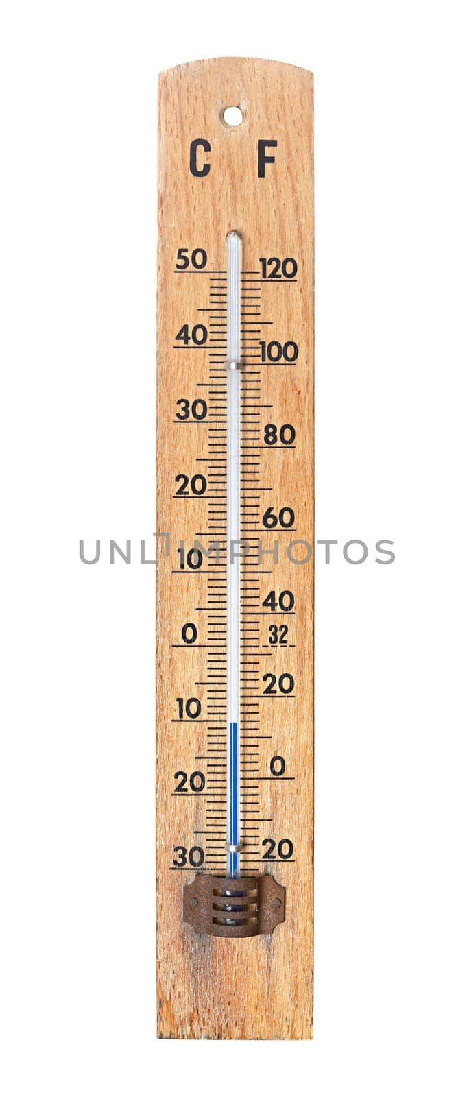 Thermometer isolated on white showing cold, winter temperature