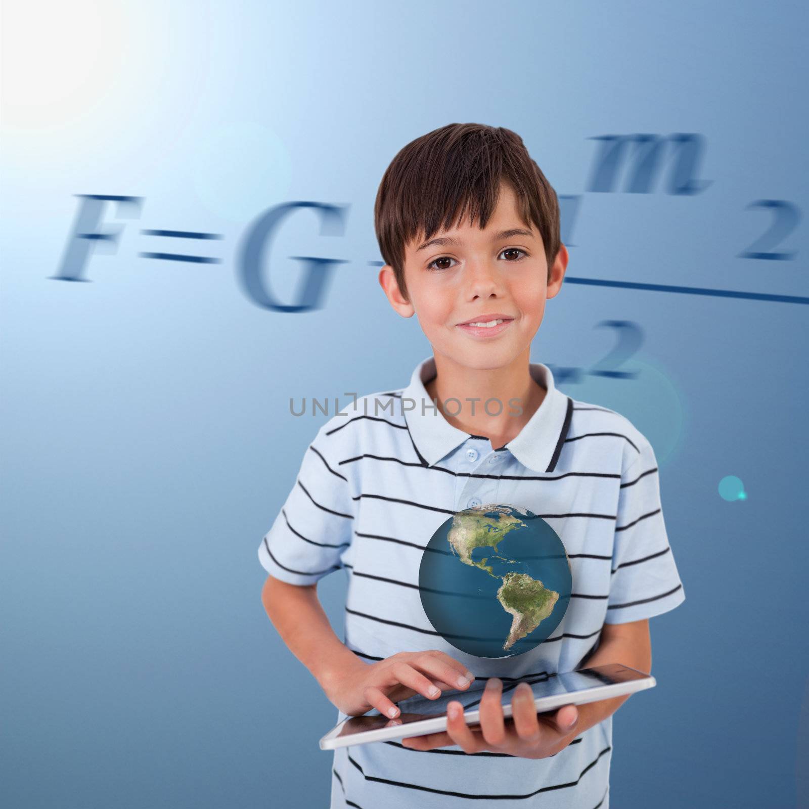 Little boy holding a tablet with a holographic globe hovering over it on background with maths equation