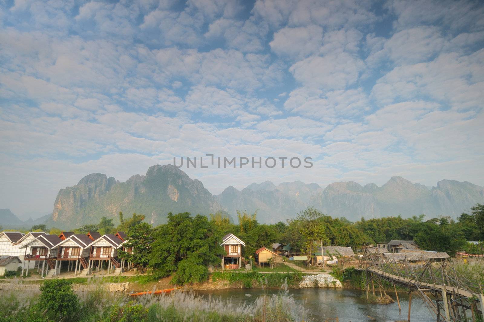 Morning at Vang Vieng, Laos near many guest house.