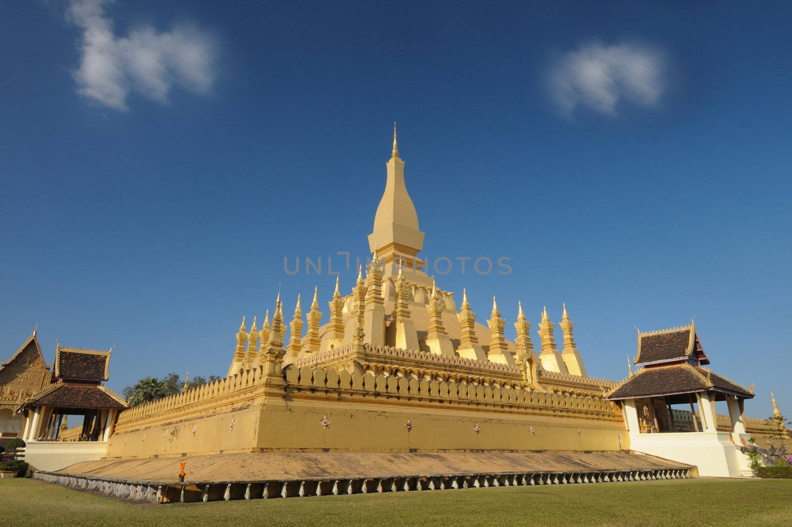 Golden temple architecture in vientienne Pha That Luang and its place in Vientiane, Laos.

