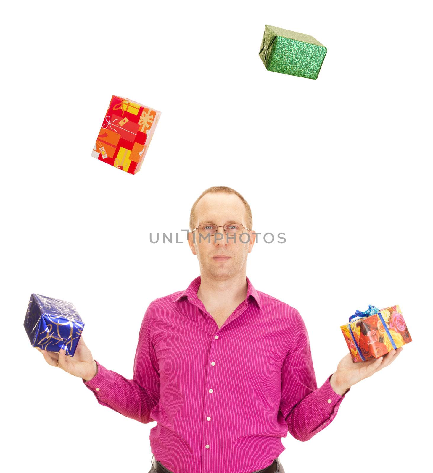 A business person juggling with some colorful gifts