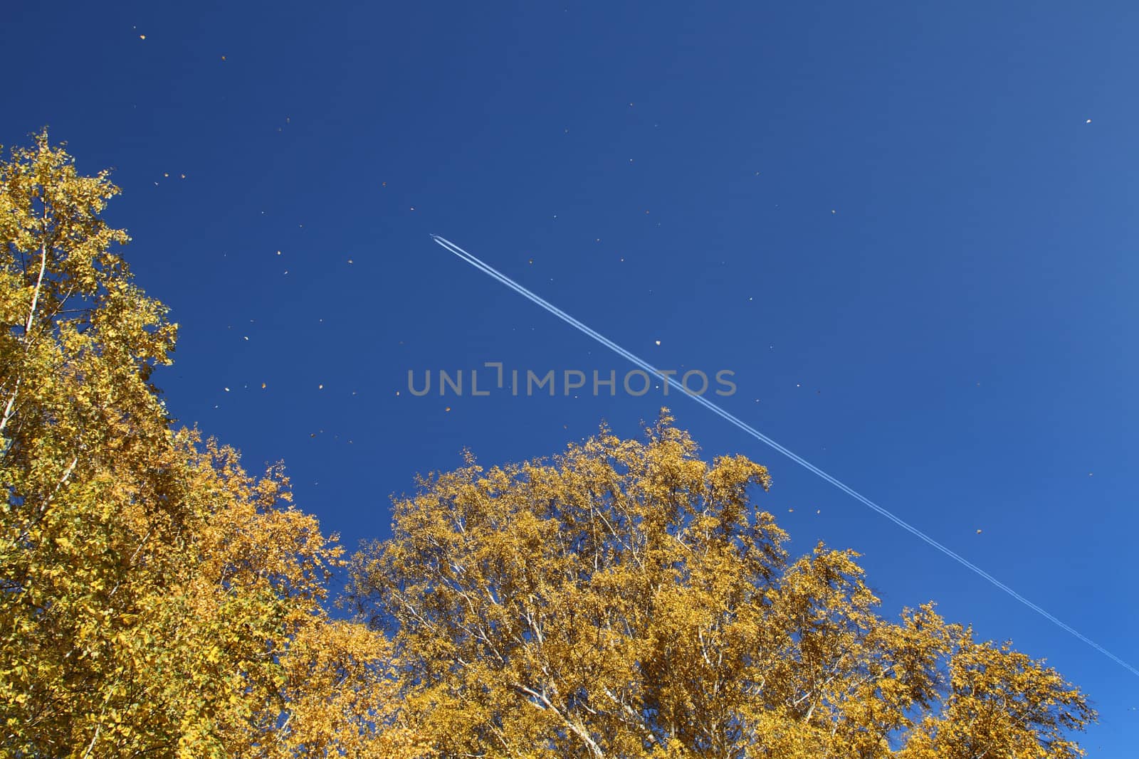 White airplane trace on blue sky

