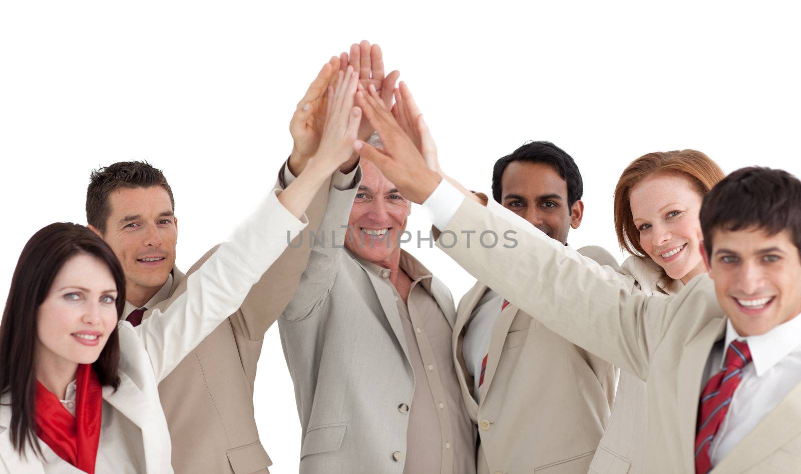 Multi-ethnic business people showing positivety agains a white background