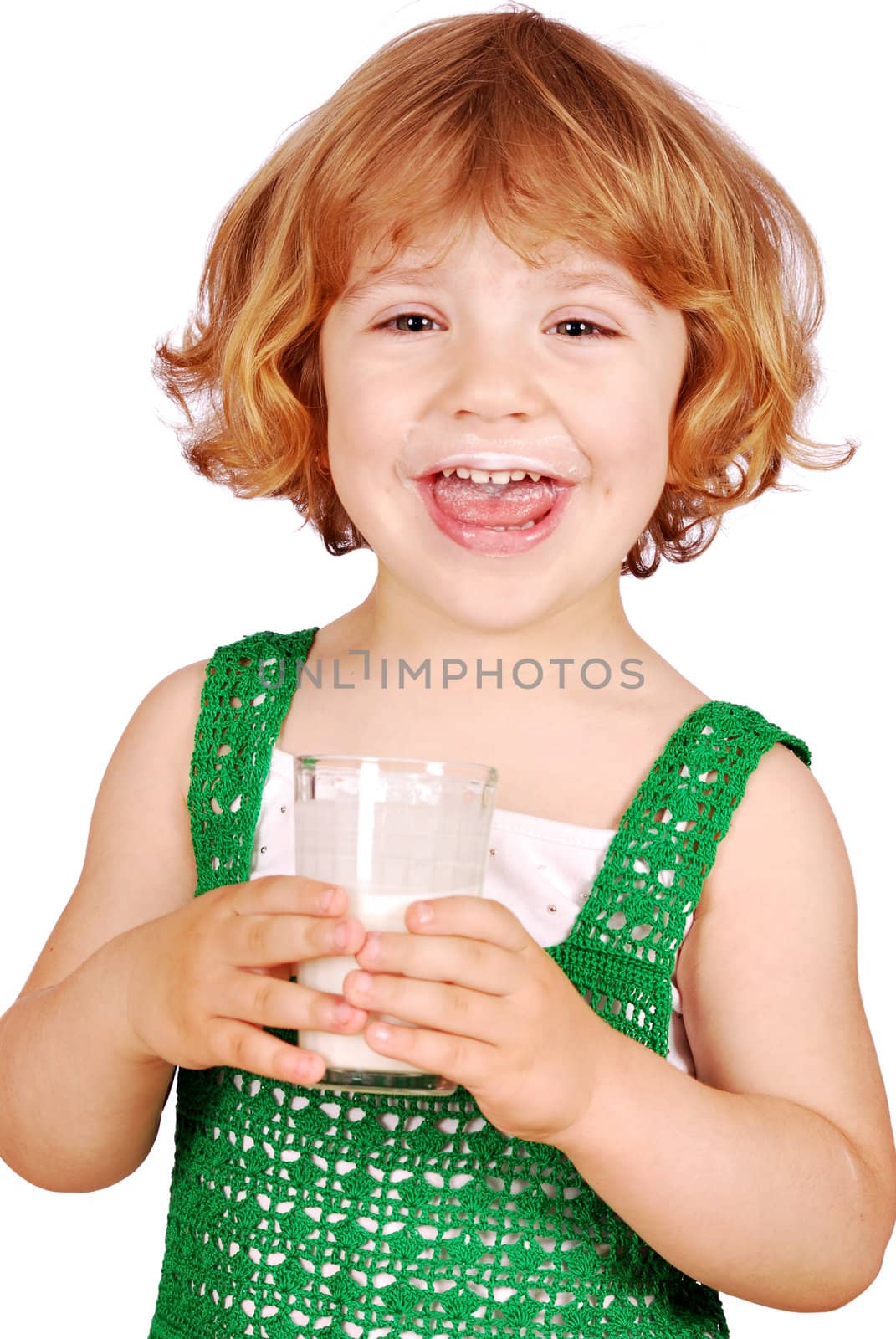 Happy little girl with glass of milk by goce