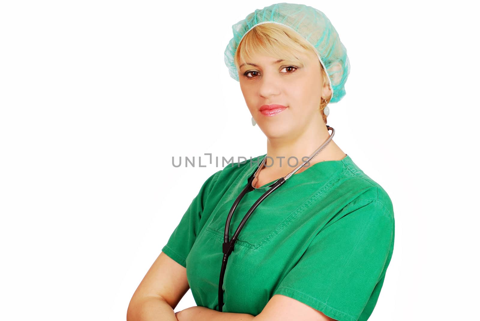 Beauty woman doctor in green uniform
