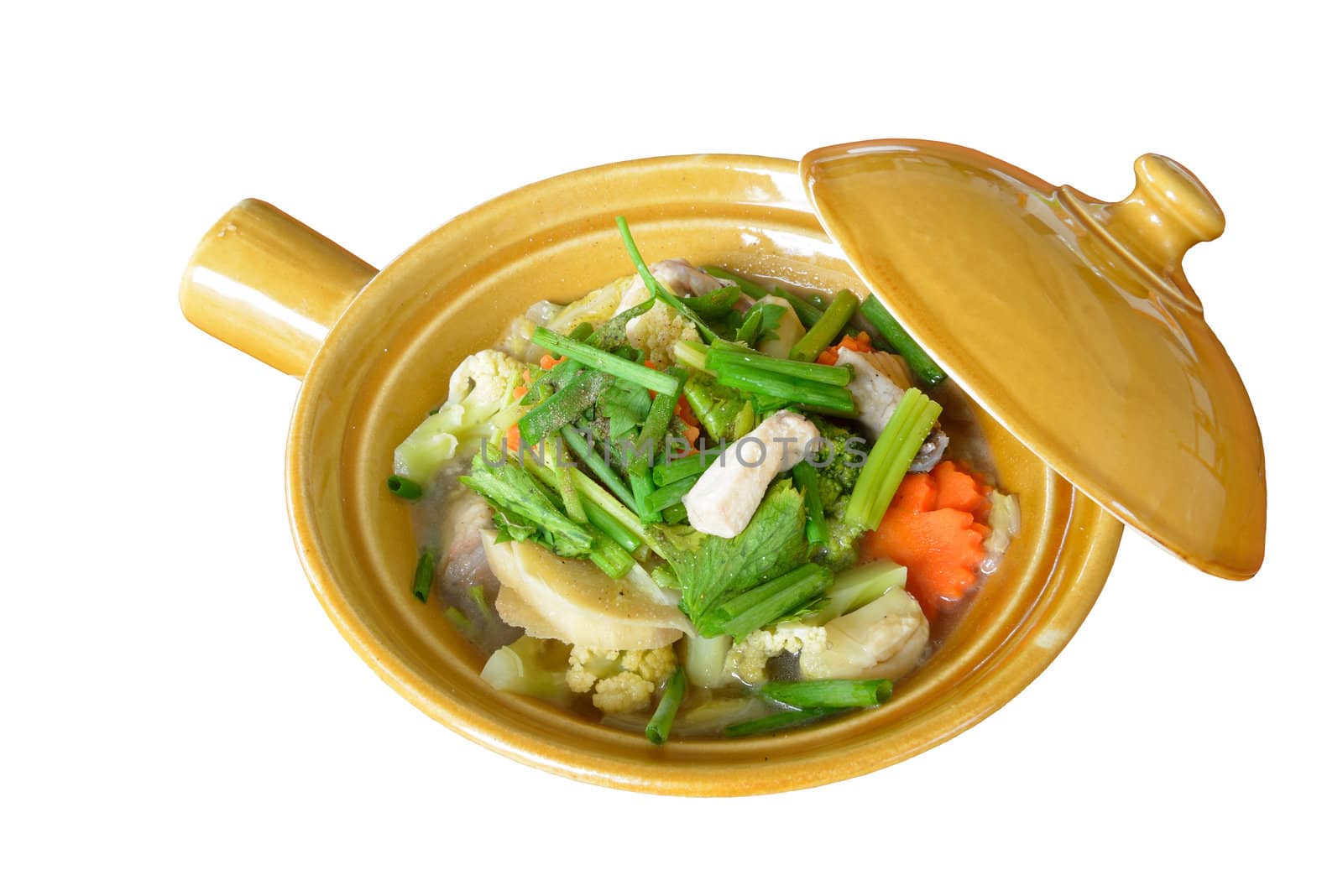 the kind of thai food ,it call Baked fish with vegetables,it is not spicy and isolated on white background.