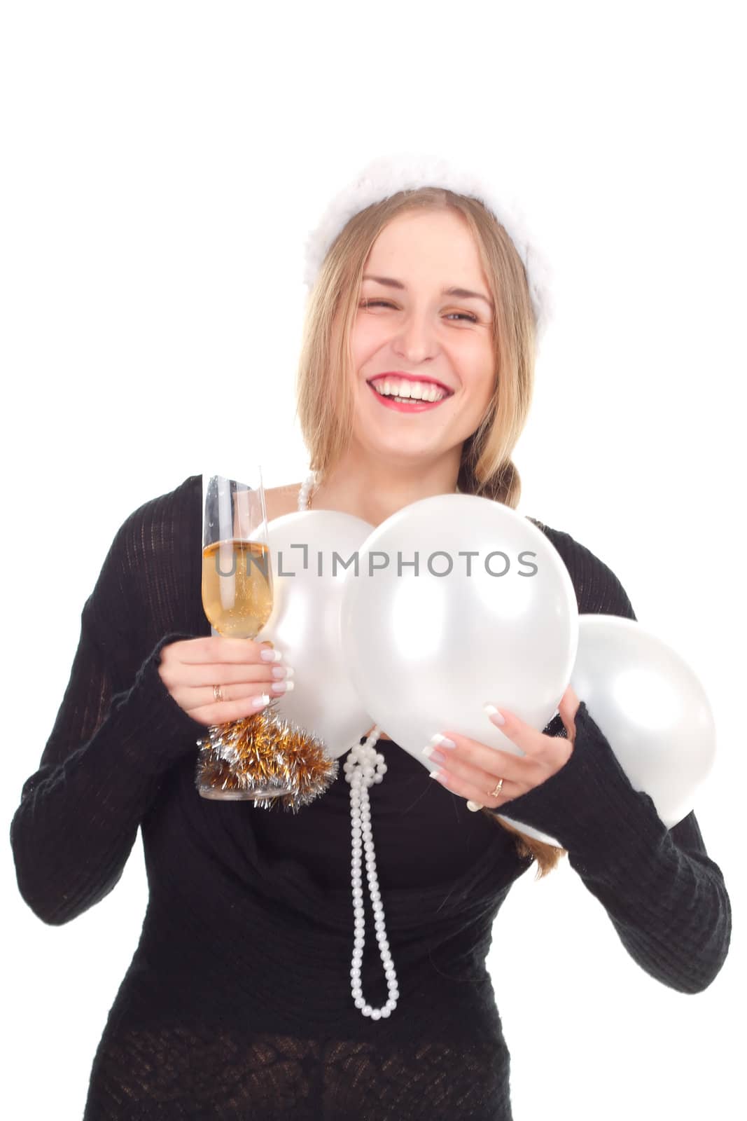 girl celebrates Christmas with a glass of wine studio shooting