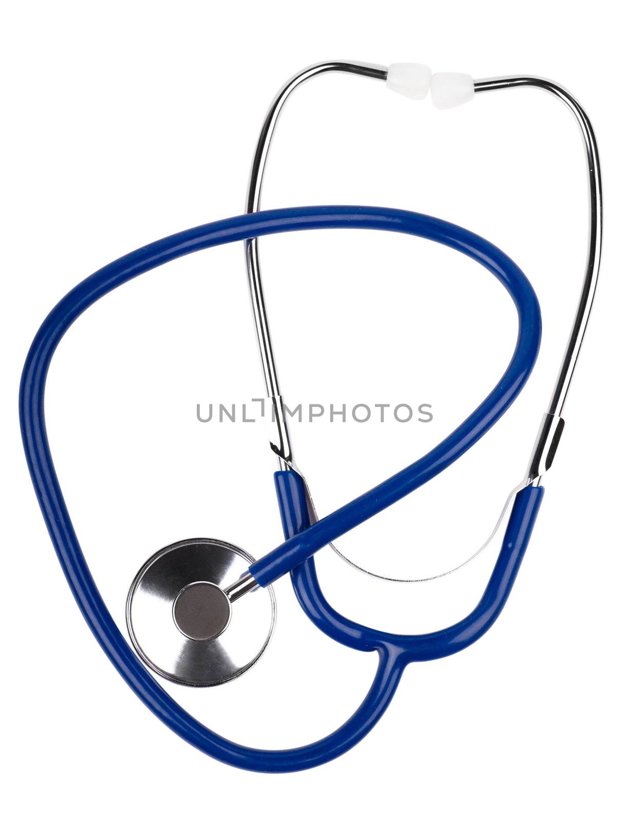 Closeup view of blue stethoscope isolated on the white background