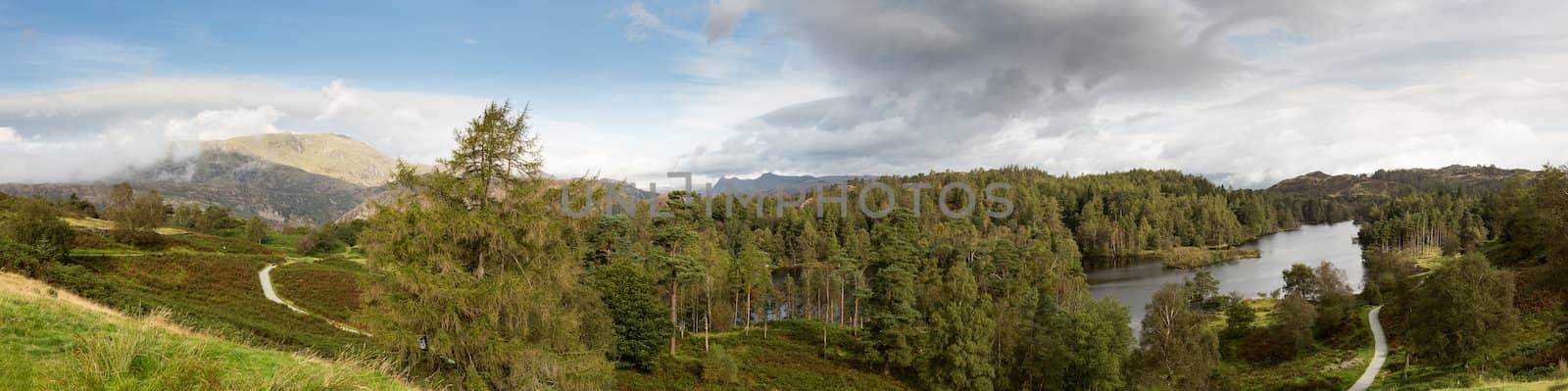Panoramic view over Tarn Hows in English Lake District