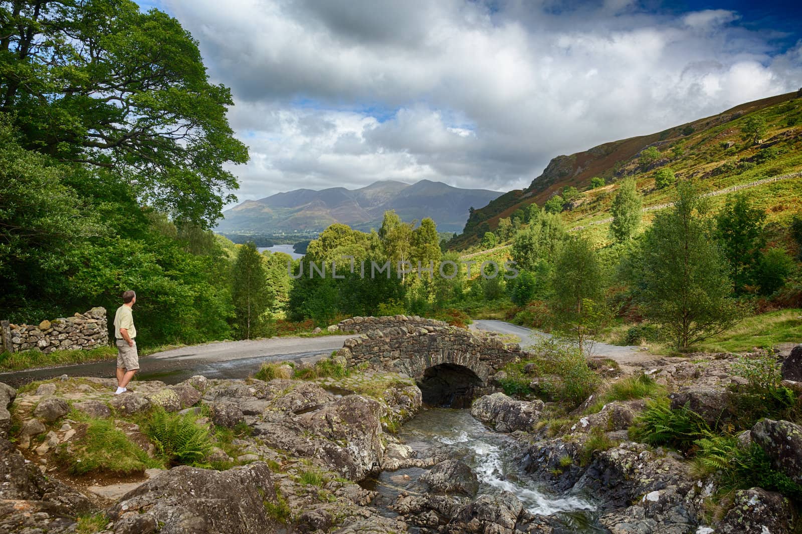 Traditional stone Ashness Bridge in English Lake District