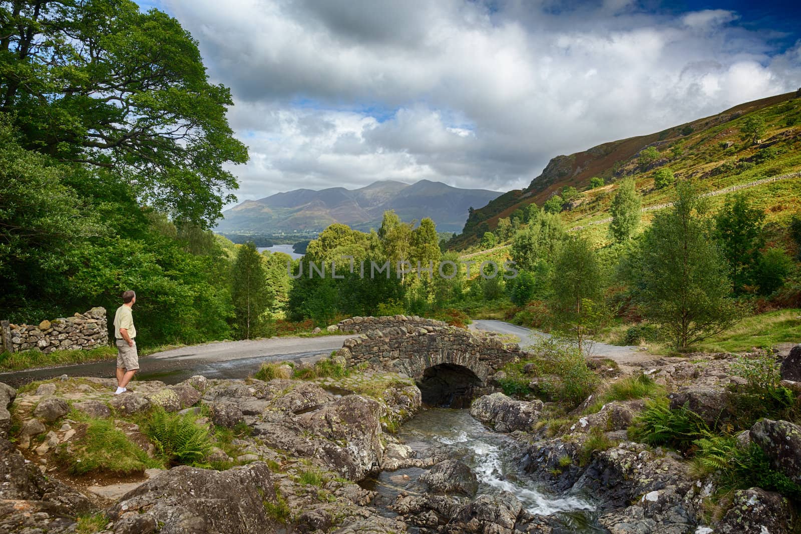 Traditional stone Ashness Bridge in English Lake District