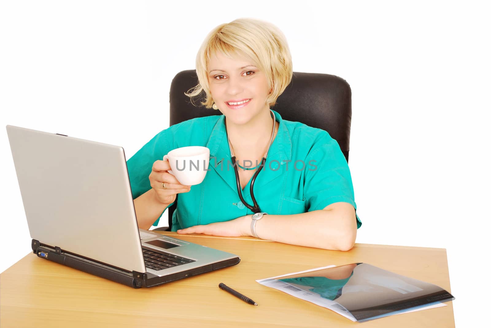 Beauty female doctor with coffee and laptop