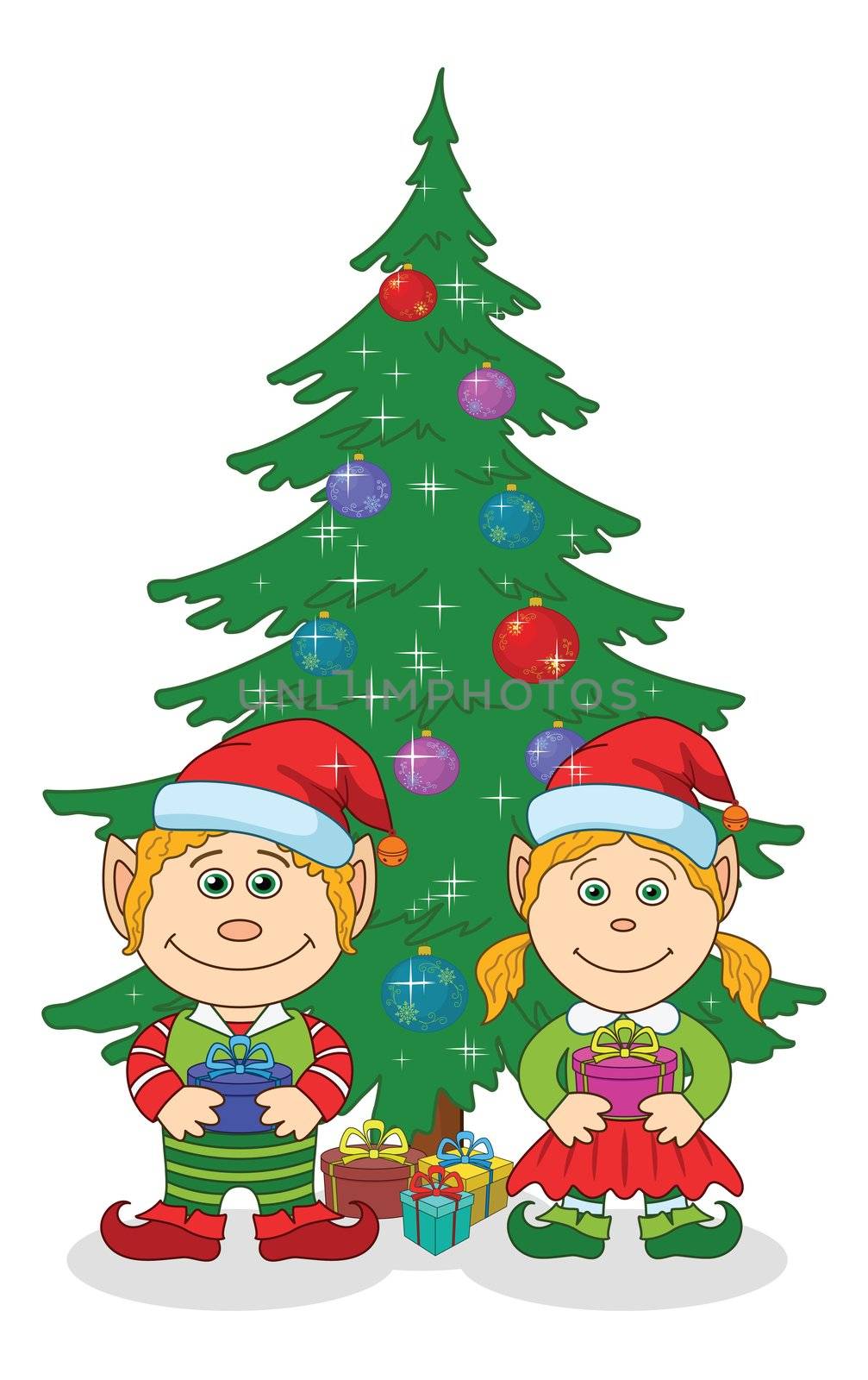 Cartoon Christmas elves, boy and girl in Santa Clauses hats near holiday fir tree with gift boxes