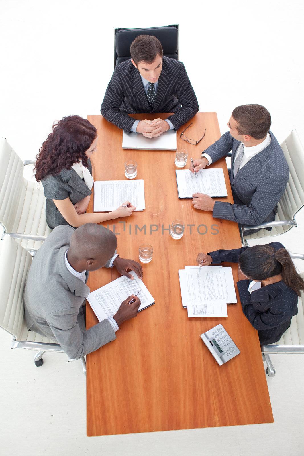 High Angle of multi-ethnic business people having a meeting