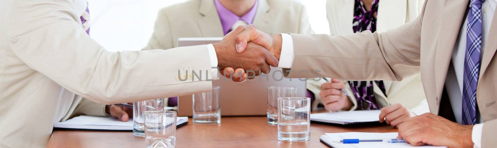 Two business people closing a deal in a meeting