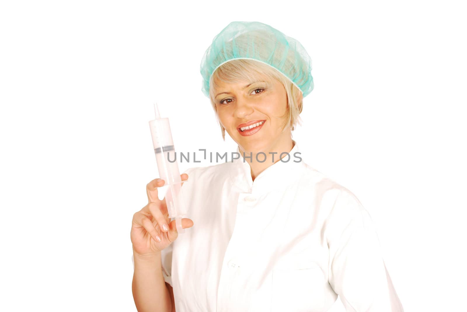 Female doctor with big syringe studio shot
