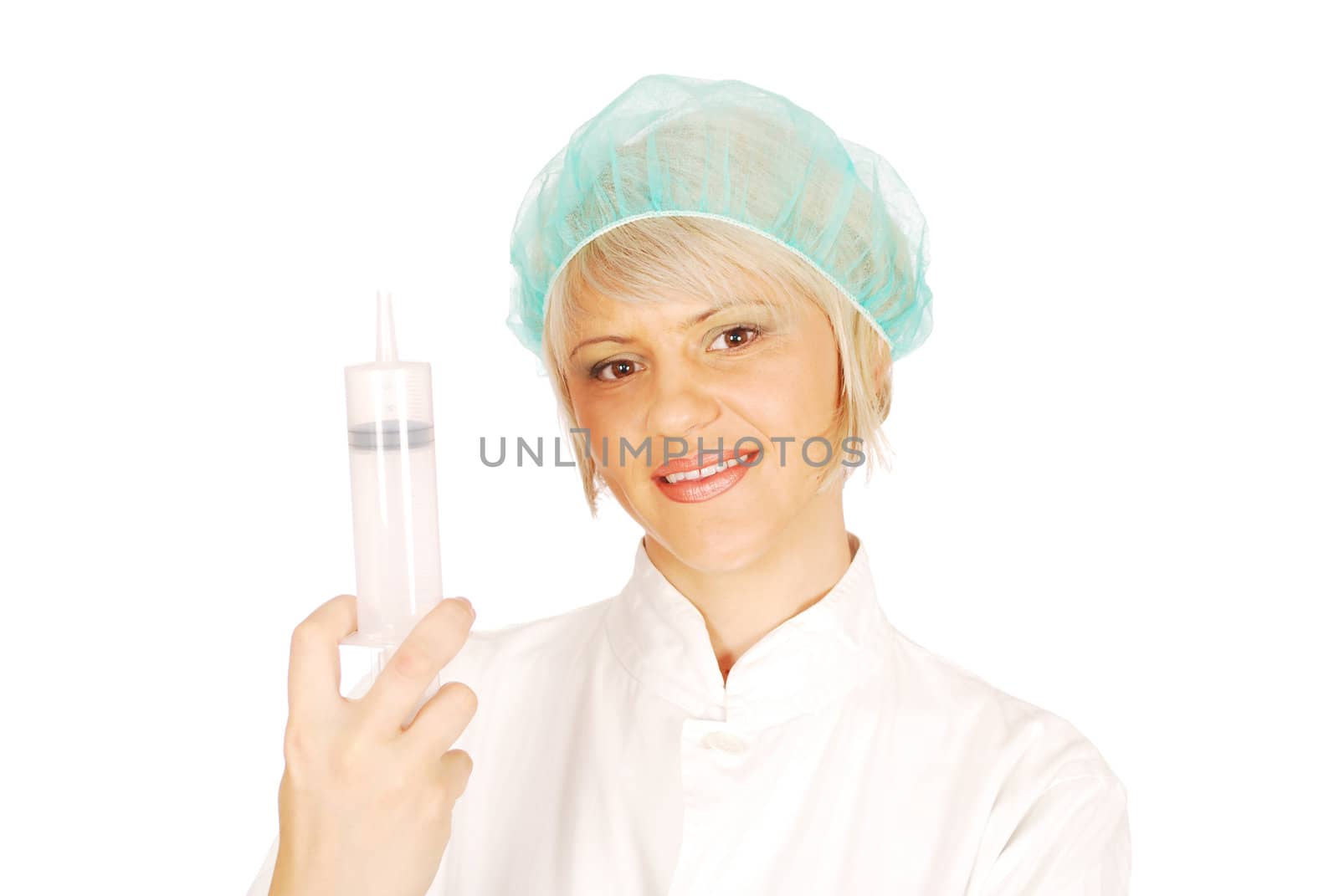 Female doctor in white uniform with big syringe