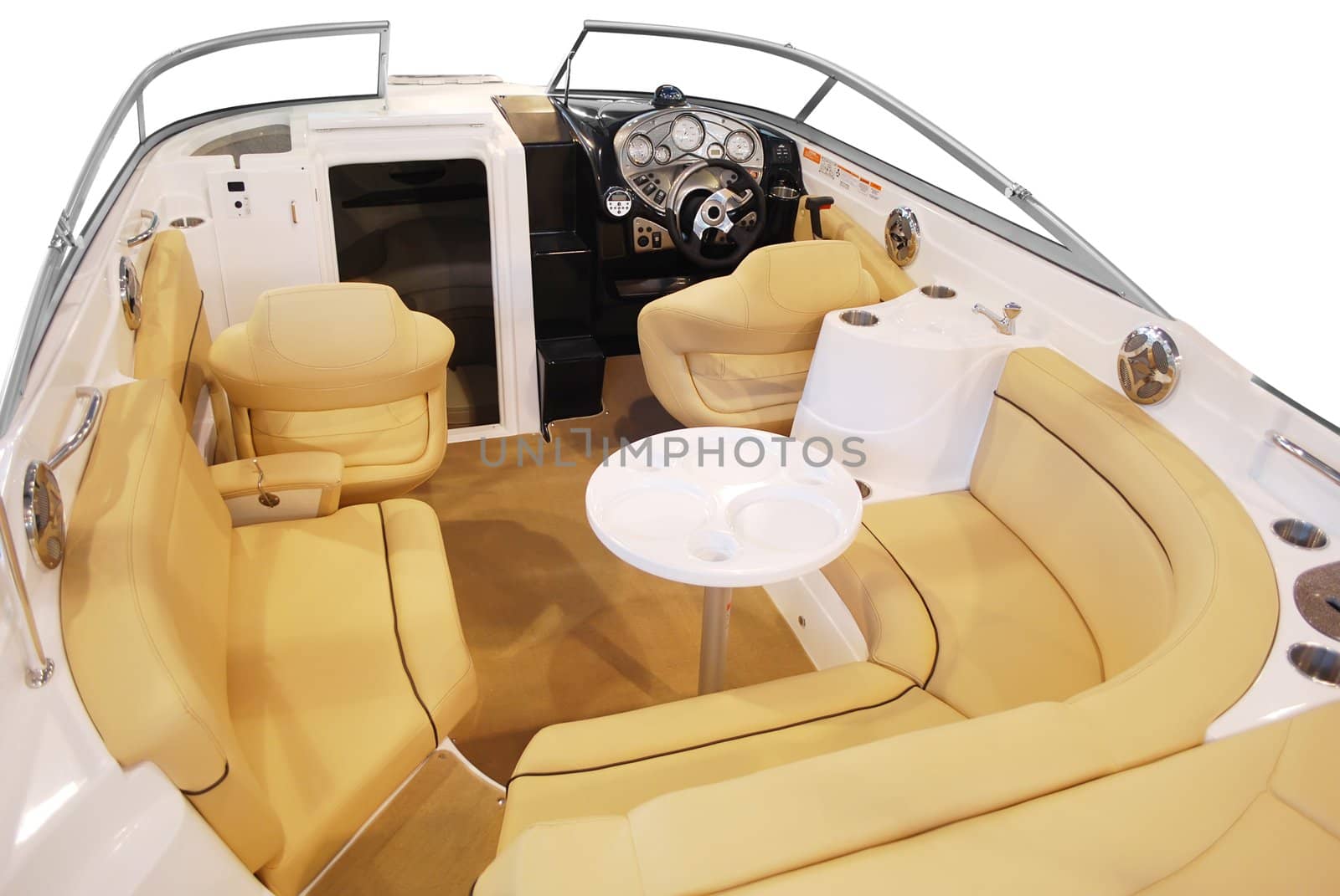 Luxury yacht cabin interior with leather seats and table