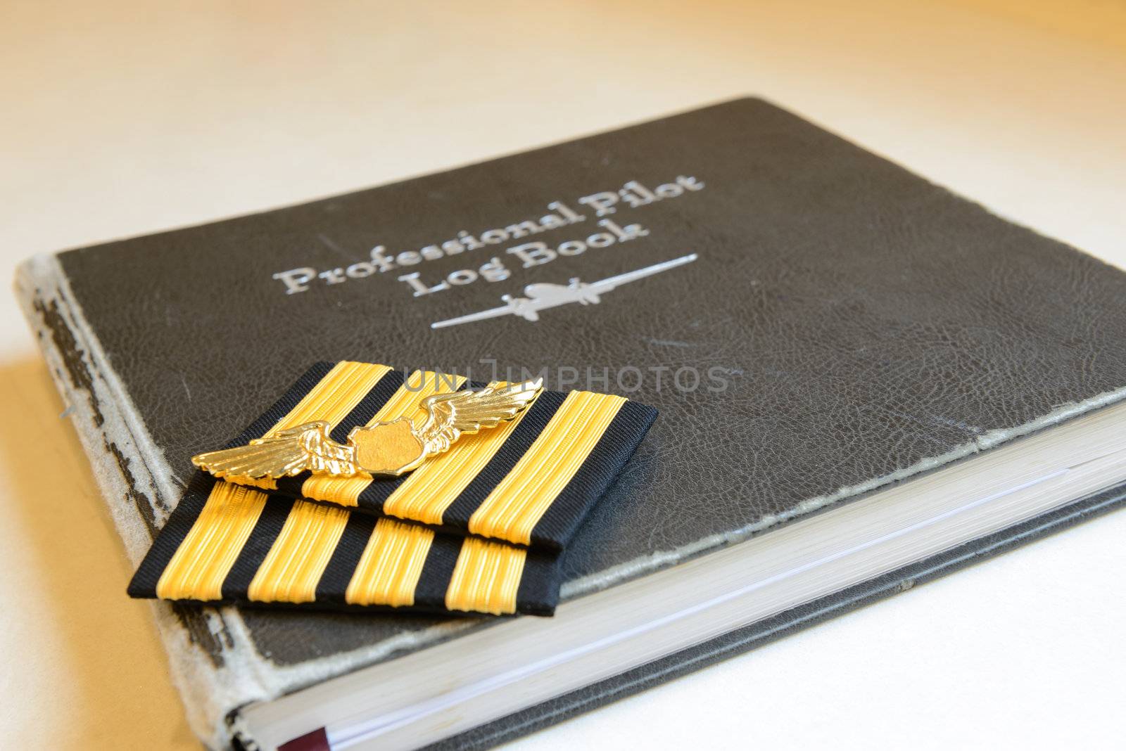 Four bar sign and golden metal wing of pilot put on the old pilot log book.