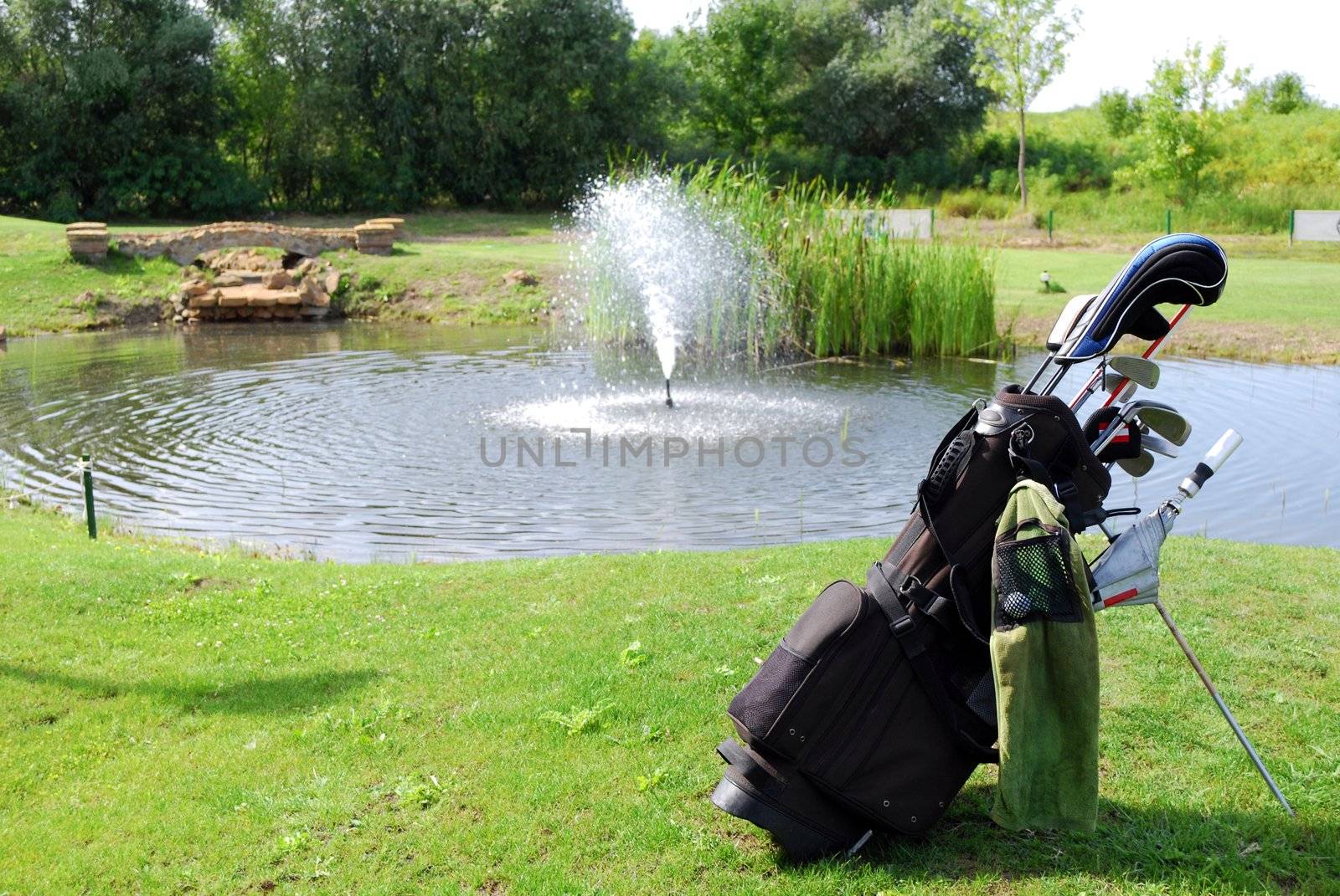 Golf bag with clubs and water behind
