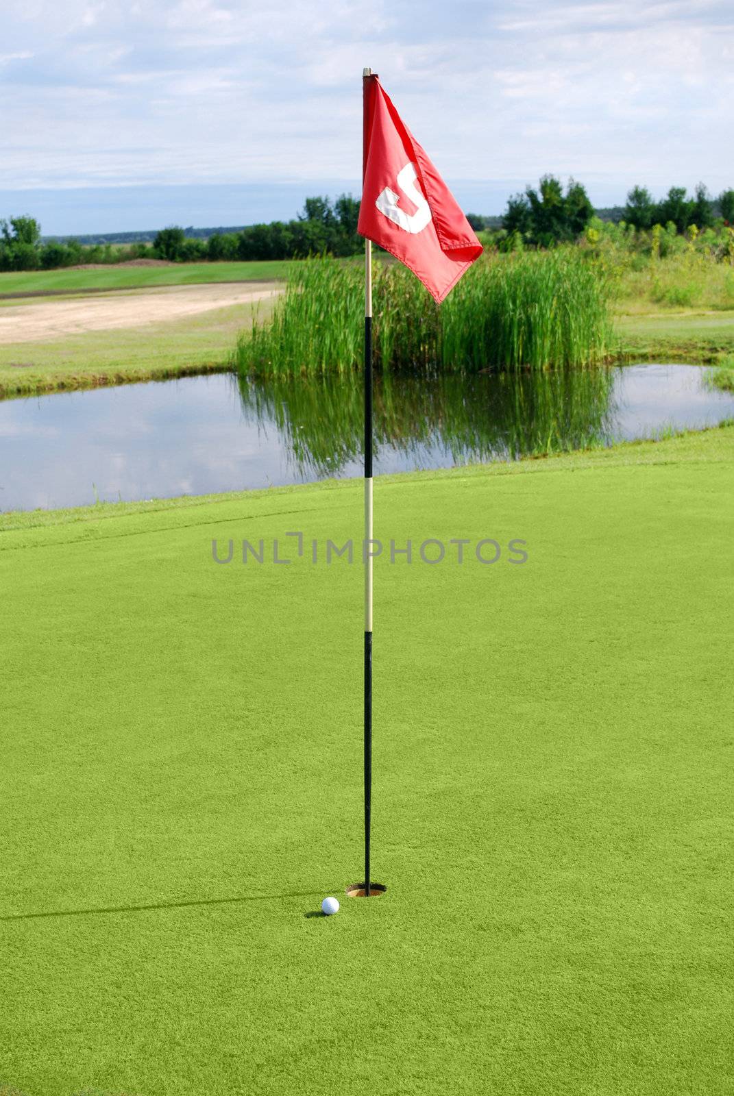 Golf field with red flag and ball