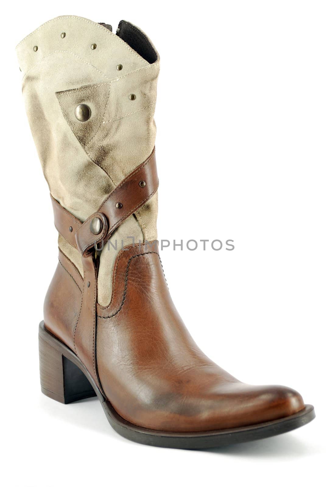 Woman leather cowboy boot on white