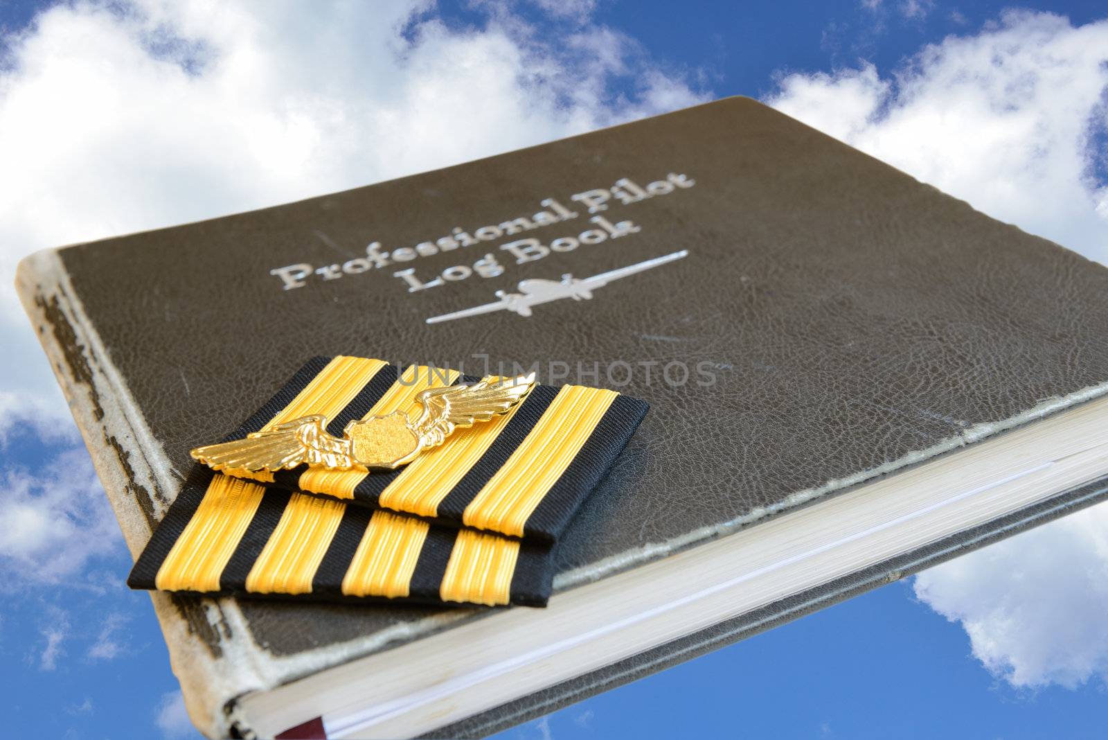 Four bar sign and golden metal wing of pilot put on the old pilot log book.