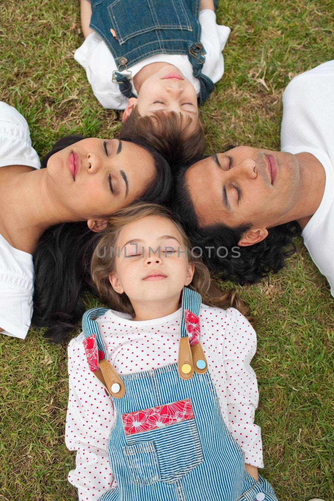 Merry family sleeping lying on the grass in a park